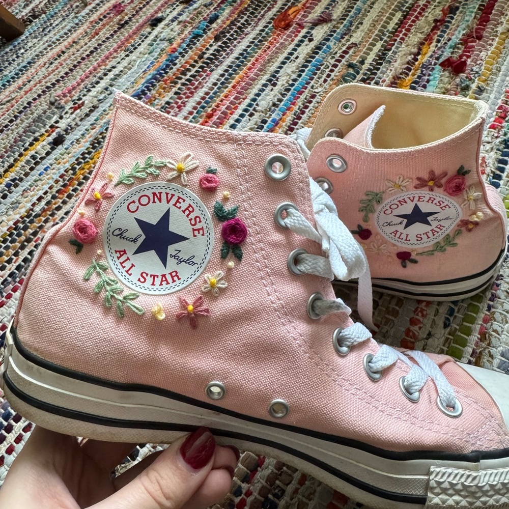 Pink Floral Embroidered Converse Hightops
